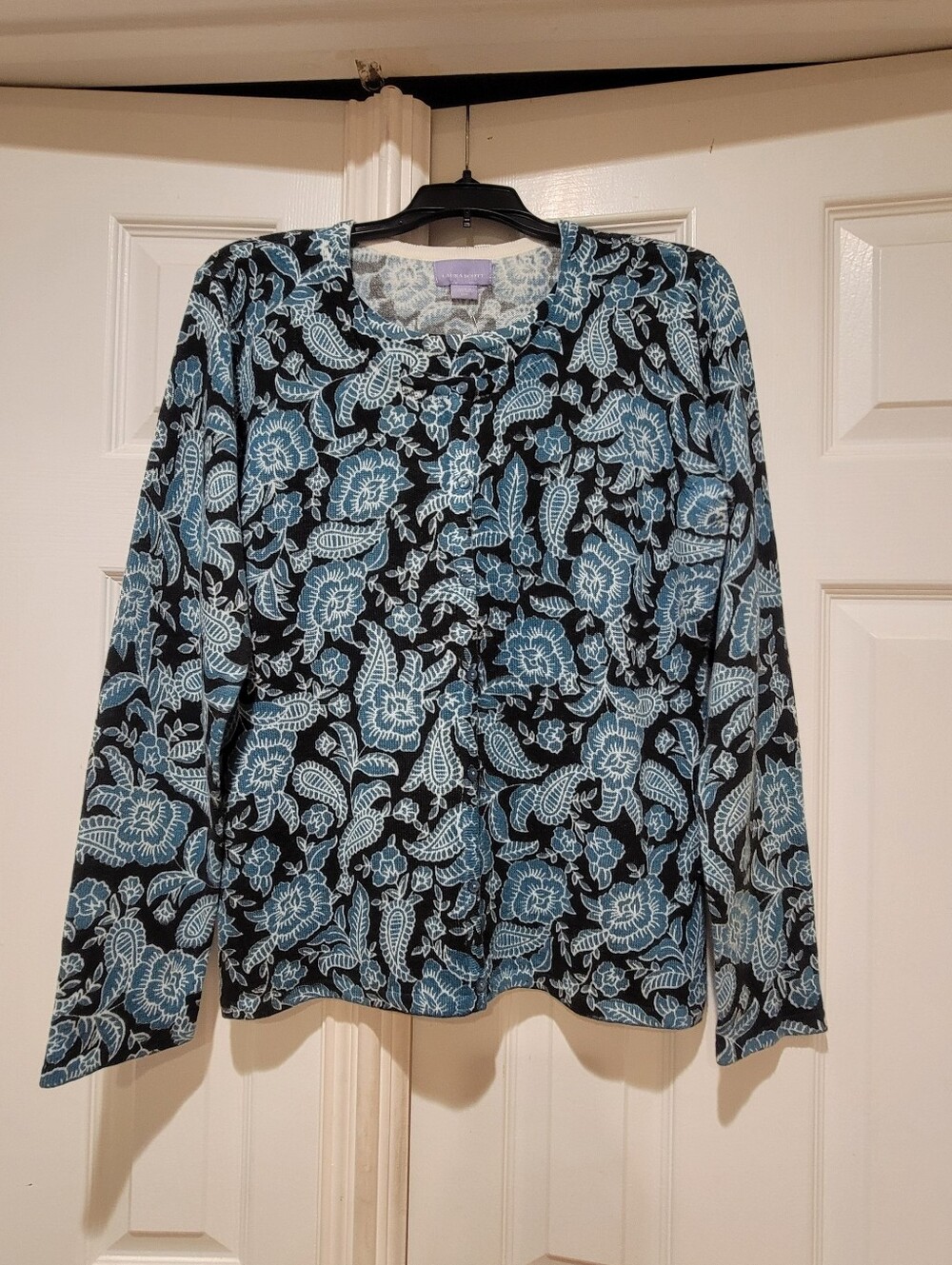 Laura Scott Black & Light Blue Floral Long-Sleeve 2Fer Sweater NWT